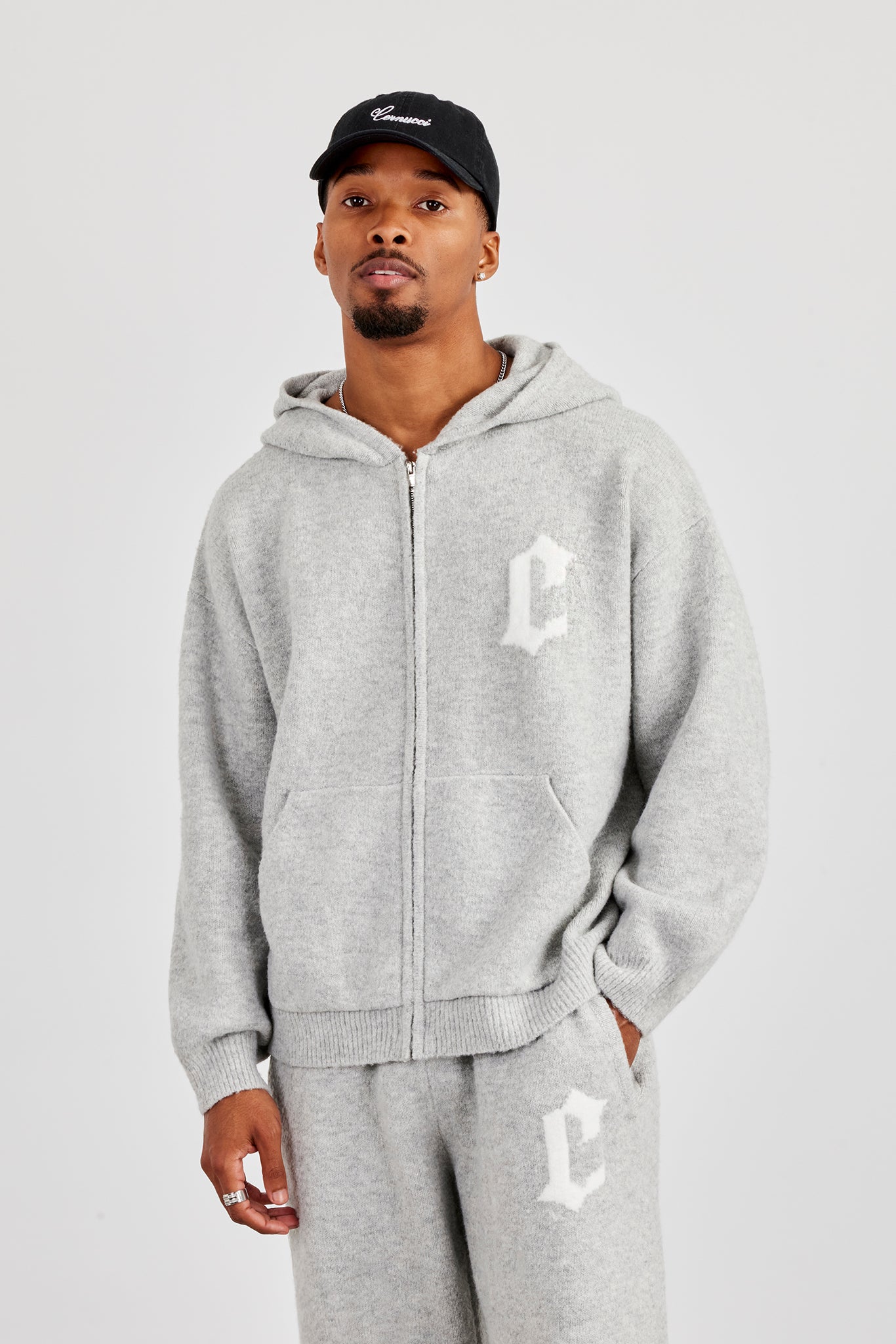 Mens C Knitted Zip Through Hoodie - Grey